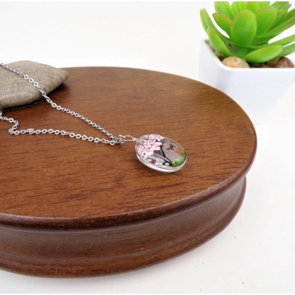 HP! 🎉 1 LEFT! Flower Tree and Butterfly Oval Pendant and Necklace - Picture 3 of 5